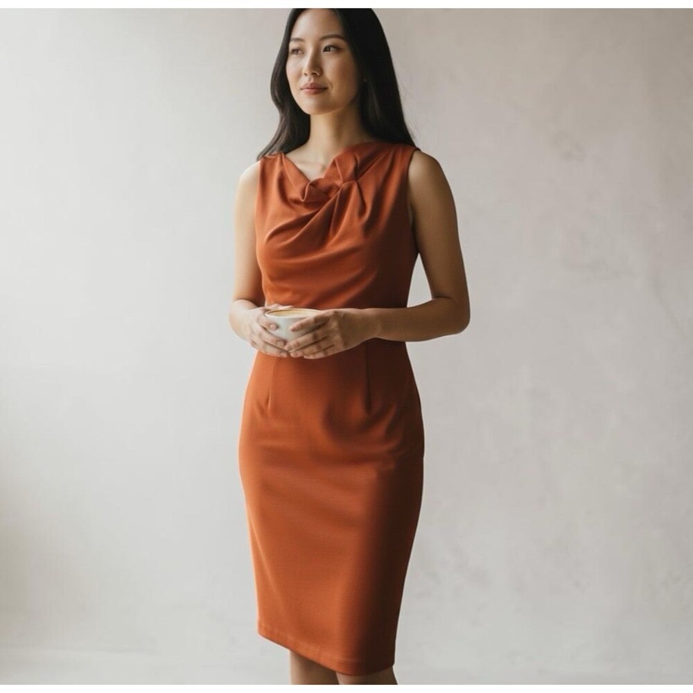 Elie Tahari Sheath Dress Burnt Orange Asymmetric Bow Neckline Women's 6 EUC